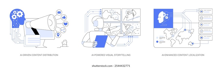 Artificial intelligence content marketing tools abstract concept vector illustration set. AI-Driven Content Distribution, AI-Visual Storytelling, AI-Enhanced Content Localization abstract metaphor.