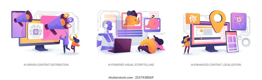 Artificial intelligence content marketing tools abstract concept vector illustration set. AI-Driven Content Distribution, AI-Visual Storytelling, AI-Enhanced Content Localization abstract metaphor.