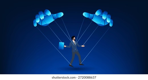 Concepto de negocio de control de inteligencia artificial con mano de robot que manipula al hombre de negocios como una marioneta, dominio de la IA, poder de automatización, control de Tecnología Corporativa, ética empresarial futura
