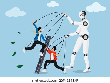 Artificial intelligence controlling business people, AI as a puppet master illustration