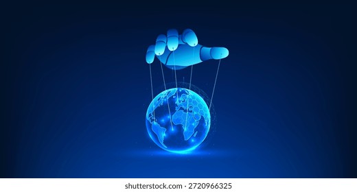 Inteligencia artificial que controla el concepto del mundo, mano de robot que manipula la tierra como marioneta, dominación mundial de la IA, poder de Tecnología futuro, IA ética y fondo de control global