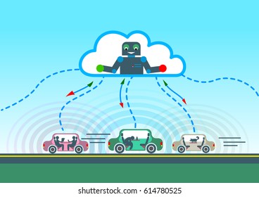 Artificial intelligence controls the Autonomous vehicle. The unmanned car drives on the road.. humor vector illustration