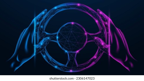 Artificial intelligence controls the car. An unmanned vehicle. Polygonal design of interconnected lines and points.