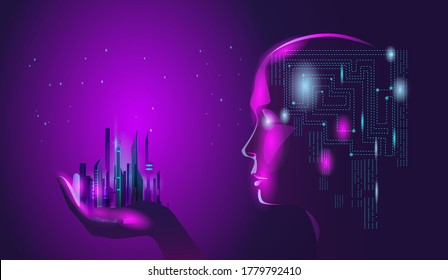 Artificial intelligence controls the services a smart city. Vector illustration on the theme of smart city and virtual reality.