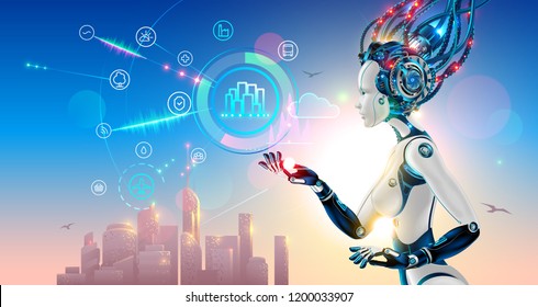 Artificial Intelligence Controls Smart City Via Internet And Hud Interface With Icons Urban Infrastructure. Iot Technology In Information And Communication Technologies. Robot Or Cyborg Woman With AI