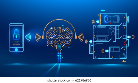la inteligencia artificial controla el hogar inteligente a distancia a través de la aplicación en tu teléfono inteligente. Muestra el nivel de protección de la casa. Ilustración de la pantalla de circuito de impresión electrónica estilo pcb