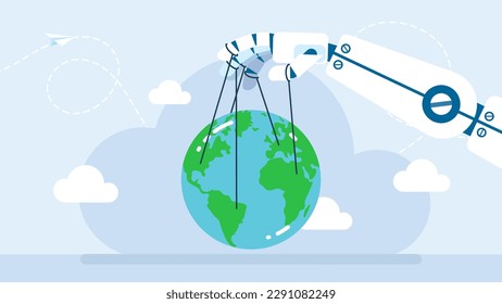 Artificial Intelligence controls systems of the world. Robot hand manipulating Earth. Robot puppet master controlling the world. The impact of technology development on humanity. Vector illustration