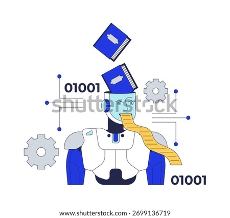 Artificial intelligence and copyright infringement 2D illustration concept. AI machine learning and processing binary data knowledge cartoon character isolated on white. Flat abstract vector metaphor