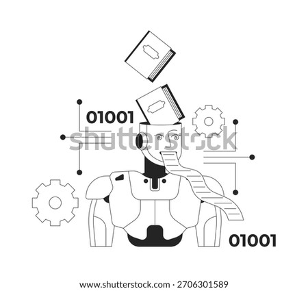 Artificial intelligence and copyright infringement line illustration concept. AI machine learning and processing binary data knowledge outline 2D character isolated. Ink linear metaphor vector art