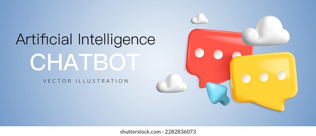 Inteligencia artificial, correspondencia con un bot de charla, pancarta de concepto en un estilo plástico volumétrico 3d realista, aislado en el fondo. Cartel de servicio de apoyo, correspondencia en redes sociales.