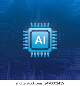 Artificial intelligence CPU chip with circuits blue background Vector illustration. Technology innovation, futuristic technology Ai processor. Machine learning design.Smart network digital technology.