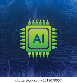 Inteligência artificial chip CPU com circuitos fundo azul Ilustração Vetor. Inovação tecnológica, tecnologia futurista, processador Ai. Design de aprendizagem automática.Tecnologia digital de rede inteligente.