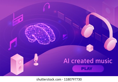 Artificial intelligence created music, 3d isometric infographic vector illustration with brain icon, sound symbols, modern musical show concept in violet color