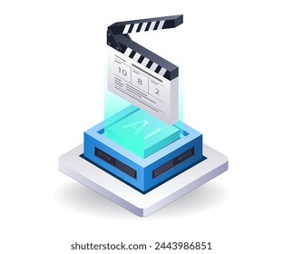 Künstliche Intelligenz schafft Filminhalte, flache isometrische 3D-Illustration