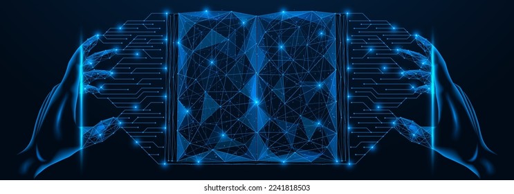 Artificial intelligence creating an e-book. Polygonal design of interconnected lines and points. Blue background.