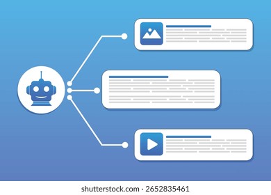 Artificial Intelligence Creating Multimedia Content. AI Content Generator Concept Text, Image, and Video Automation Workflow Vector Illustration