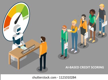 Artificial intelligence credit scoring concept. Vector isometric illustration of ai robot machine with credit scoring meter and people waiting in queue for machine learning of their creditworthness.