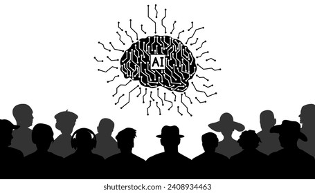 Artificial intelligence and crowd of spectators. Vector illustration