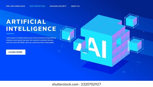 Artificial intelligence cube geometric banner landing page vector Illustration concept. AI technology, big data, tech, robot, Sci-Fi, brain, machine learning for website or web application template.