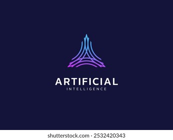 Artificial intelligence with curved lines overlapping Triangle shapes technology Analysis logo vector design concept. AI technology logotype symbol for advance technology, ui, identity, new tech, web.