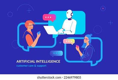 Artificial intelligence customer care and service support. Flat vector illustration of two teenagers texting to chatbot using smartphones. Virtual intelligent assistance, customer care and help desk