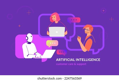Artificial intelligence customer care and service support. Flat vector illustration of two teenagers texting to chatbot using smartphones. Virtual intelligent assistance, customer care and help desk