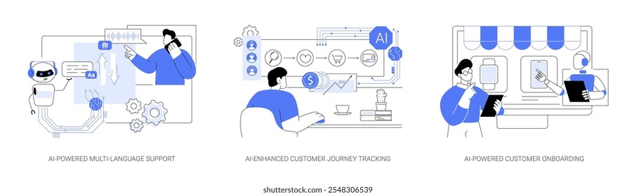 Inteligência Artificial no conjunto de ilustração de vetor de conceito abstrato do serviço de Atendimento ao Cliente. Suporte multilíngue baseado em IA, rastreamento da jornada do cliente aprimorado por IA e metáfora abstrata integrada.