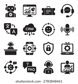 Artificial intelligence customer service support technology communication business icon pack silhouette. This meticulously designed icon pack features 16 distinct vector icons representing key aspects of AI-driven customer service, including robotics, analytics, CRM systems, cloud services, chatbots, and virtual assistance. Perfect for illustrating technology, business automation, and support services in presentations, websites, or applications. Each icon is crafted in a clean, recognizable silh