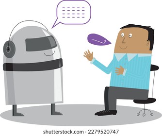 artificial intelligence: cute vector illustration of an android talking to a man sitting on a computer chair asking him a question 
