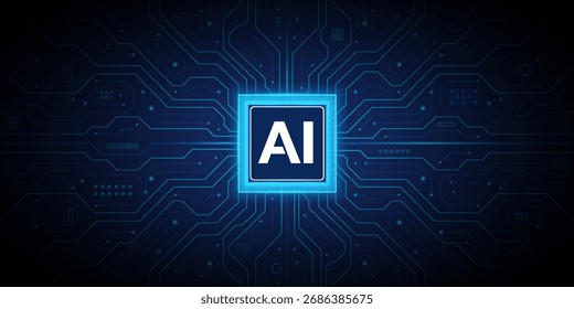 Artificial Intelligence cyber background. Dark AI chip technology innovation web banner concept. Processor CPU with glowing neon frame on circuit board
