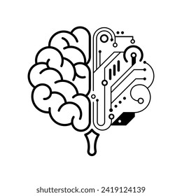 Artificial intelligence, cyber brain, ai concept, science icon, vector illustration, black isolated on white background. Brain concept in line style, creative design. Stylized brain. Electronic mind.
