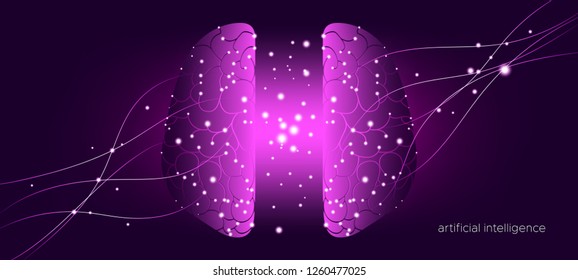 Artificial Intelligence, Cyber Mind Concept. Digital Technology Science, Cybernetic Innovation. Futuristic Artificial Brain with Big Data Analysis. Stream of Information, Virtual Brain, AI Learning.