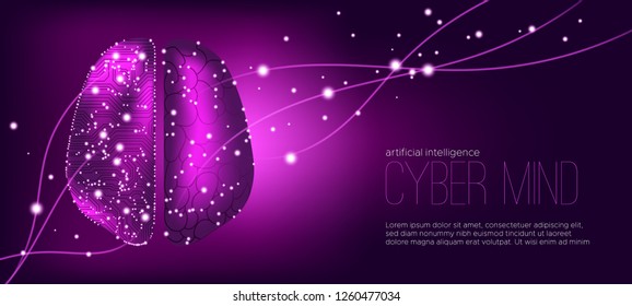 Artificial Intelligence, Cyber Mind Concept. Digital Technology Science, Cybernetic Innovation. Futuristic Artificial Brain with Big Data Analysis. Stream of Information, Virtual Brain, AI Learning.