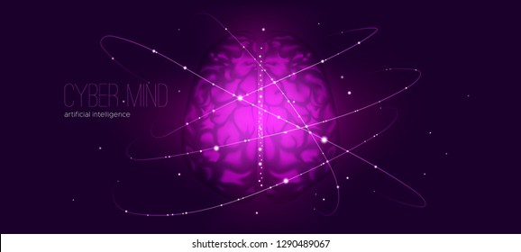 Artificial Intelligence, Cyber Mind Concept. Digital Technology Science, Cybernetic Innovation. Futuristic Artificial Brain with Big Data Analysis. Stream of Information, Virtual Brain, AI Learning.