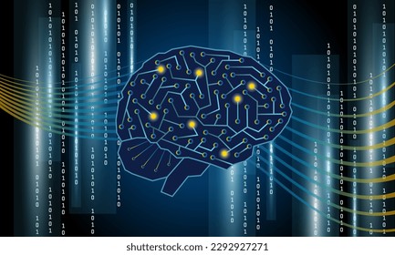 Künstliche Intelligenz - Cyber-Science-Illustration mit einer Informationsanalyse Computer-Gehirn auf einem binären Code massiven Datenstream-Hintergrund.