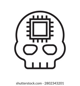 Artificial intelligence cybernetics skull icon. Human skull with a smart microchip CPU inside the forehead, representing AI consciousness, transhumanism, and machine learning minds.