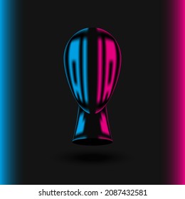 Artificial intelligence cyberpunk concept, 3d black robot head with neck with purple blue neon shadows in the form of AI letters.