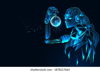 Inteligencia artificial. Ciborg con bola de Navidad. ¡Feliz Navidad y feliz año nuevo! Fondo azul oscuro de polígono bajo, vector.