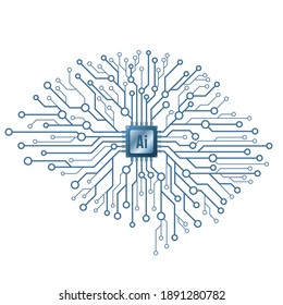 Artificial intelligence. Cyborg technological brain on white background. Computer circuit board with a processor. Cyber thinking. Vector illustration. EPS 10