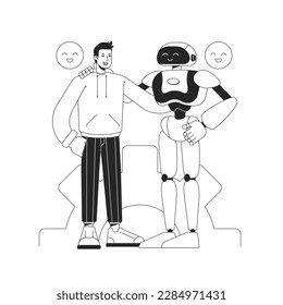 Artificial intelligence in daily life black and white concept vector spot illustration. Editable 2D flat monochrome cartoon characters for web design. Assist creative line art idea for website, mobile