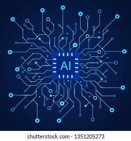 Artificial Intelligence dark blue background. Machine programming and AI chip on computer.  Circuit motherboard modern Technology. Vector illustration 