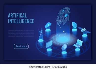 Artificial intelligence dark neon light landing page isometric vector template. Futuristic innovation, cloud computing server. Datacenter, database website homepage 3d layout.