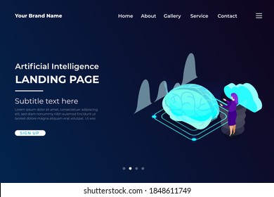 Artificial intelligence dark neon light landing page isometric vector template. Futuristic innovation &  Website template for ai machine deep learning technology sci-fi concept.