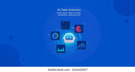 Artificial Intelligence In Data Analysis, AI Driven Data Analytics, Data Marketing Technology, Business Data Report - Vector Landing Page Illustration With Icons And Texts