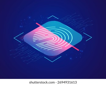 Artificial Intelligence data protechtion with futuristic isometric Finger Print Scanning data network security on dark blue background vector design concept. AI technology for advance technology.