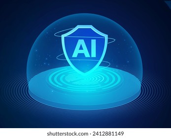 Artificial intelligence data protection theft shield and privacy solution with  Barrier sphere attack reflection technology vector design concept. AI technology for cyber security illustration concept