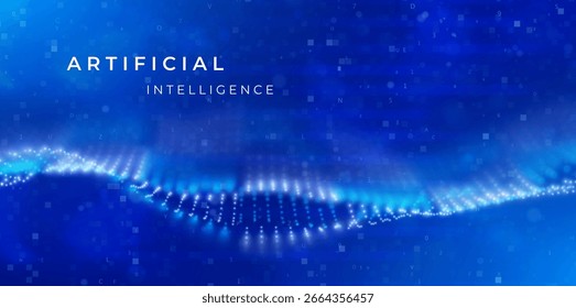 Estrutura de dados de inteligência artificial. Fundo abstrato de partículas azuis. Onda de fluxo com paisagem pontual. Malha futura ou grade de som. Ilustração do vetor de tecnologia.