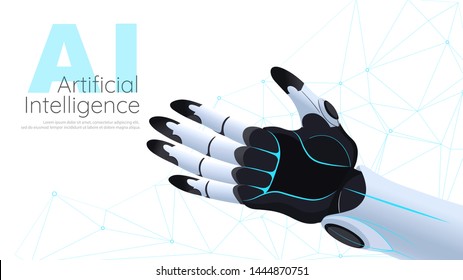 Artificial intelligence deep learning concept background. Robot hand and AI logo.