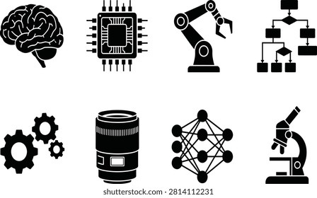 Artificial intelligence and deep learning icon set featuring black silhouettes of brain microchip robotic arm flowchart lens and neural network isolated on white background