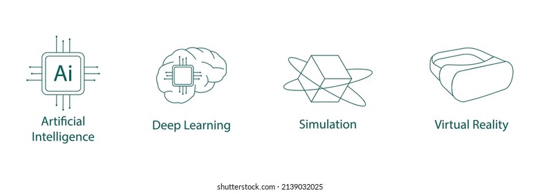 Artificial Intelligence, Deep Learning, Simulation, Virtual Reality, Machine Learning Line Icon Set Vector 